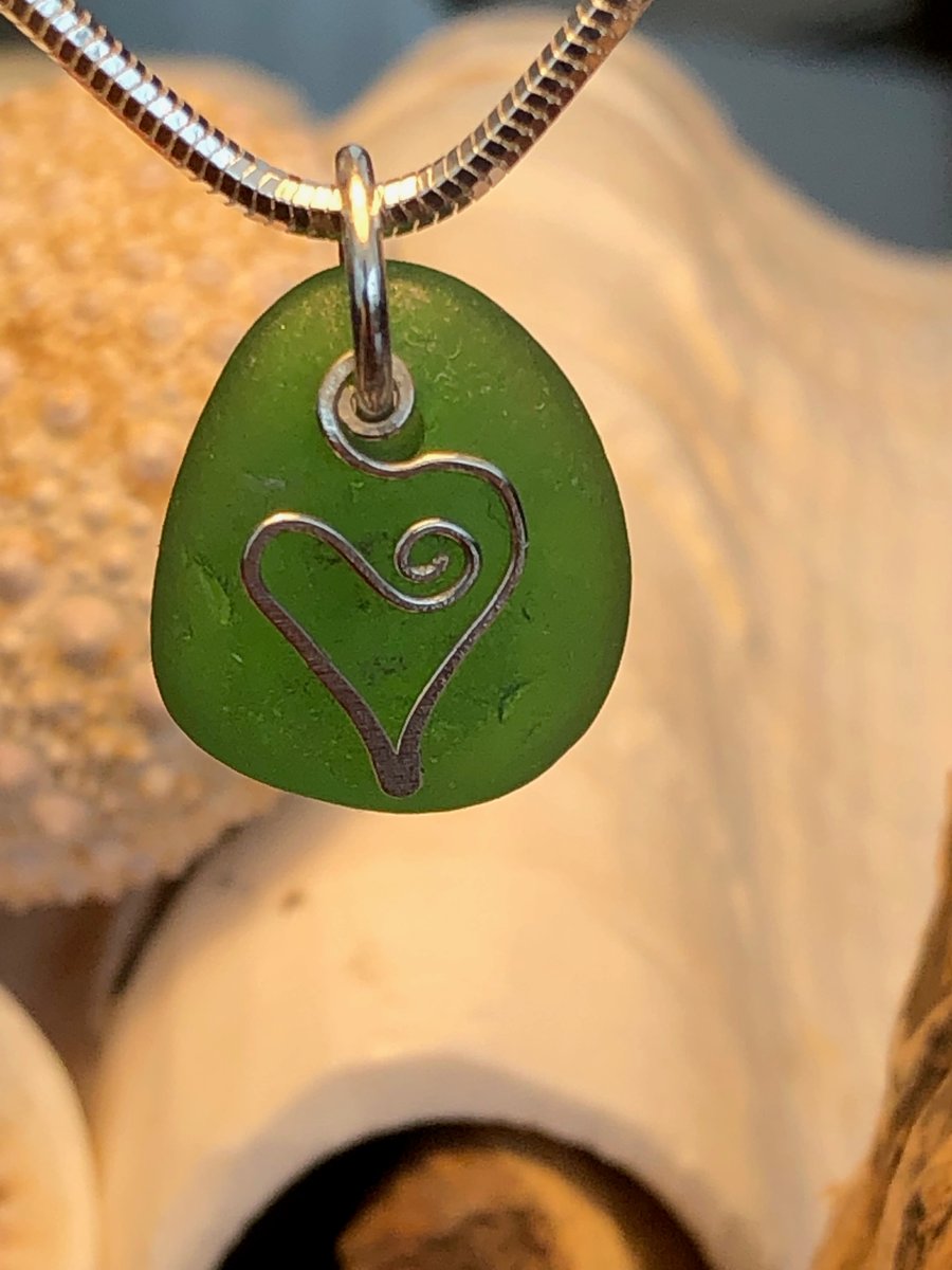 Sea Glass & Sterling Silver Heart Necklace