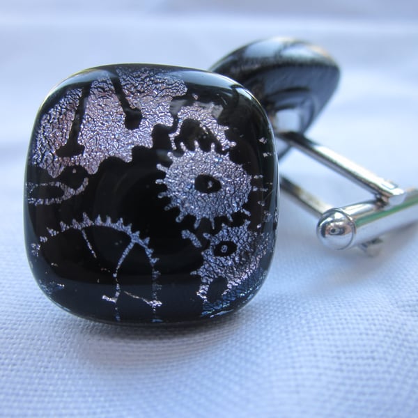 Handmade glass chunky cufflinks - Silver Steampunk