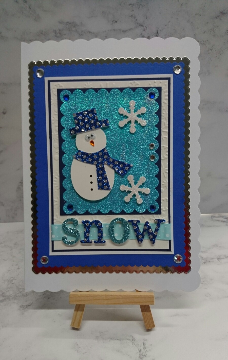 Christmas Card Snow Snowman and Snowflakes 3D Luxury Handmade Card