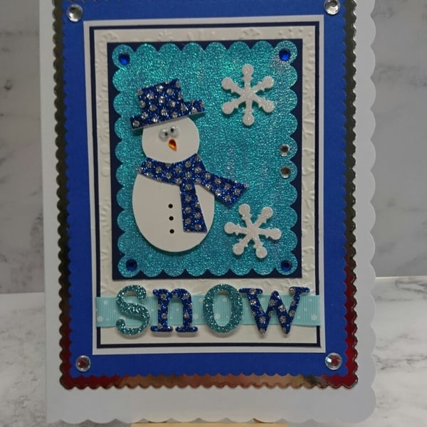 Christmas Card Snow Snowman and Snowflakes 3D Luxury Handmade Card