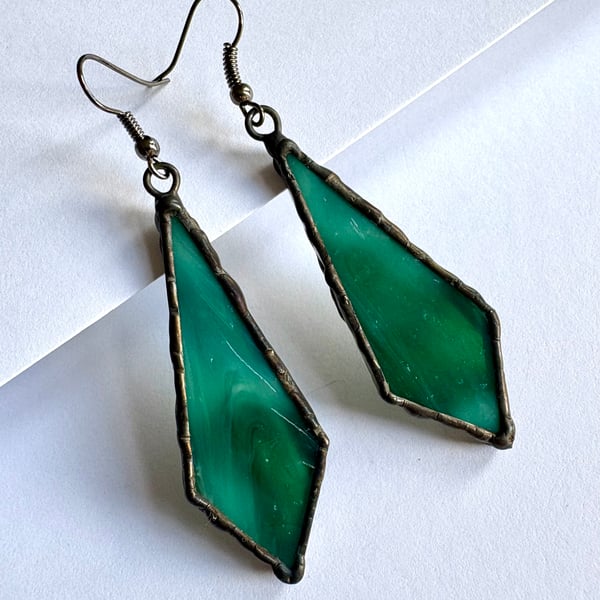 Deep marine green stained glass dangle earrings, Zero waste Gifts for Her