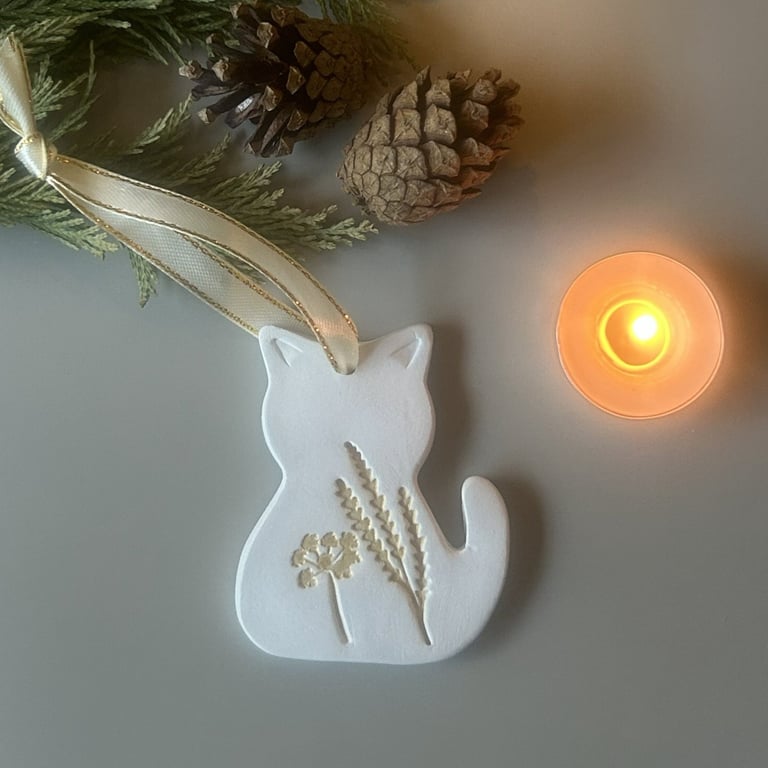 Clay Cat Christmas Decoration, Rustic Folk Art Ornament
