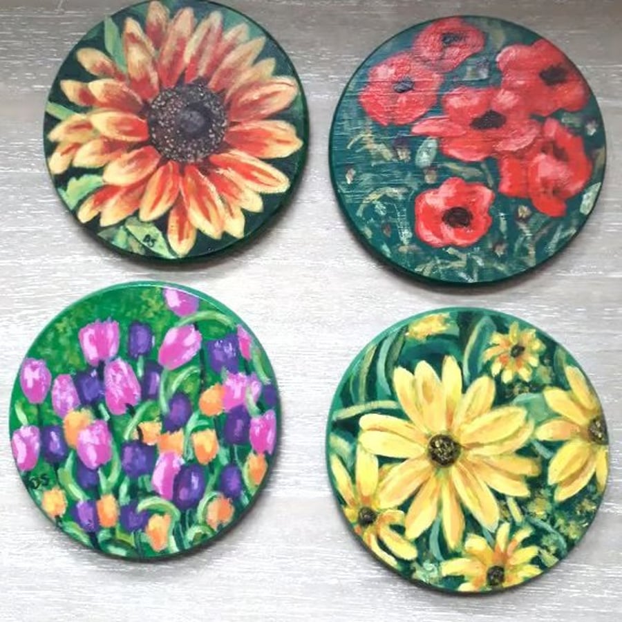 Flowers, Handpainted Wooden Coaster set of 4 and holder