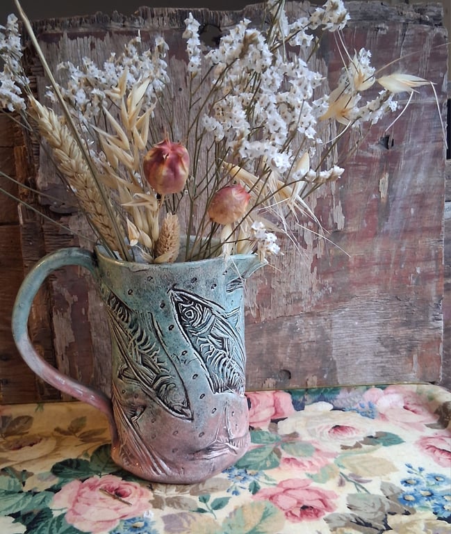 Mackerel jug in blue and rose large ceramic jug