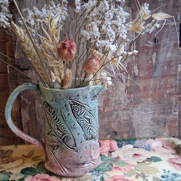 Mackerel jug in blue and rose large ceramic jug