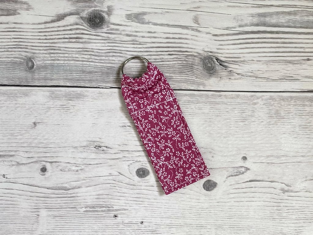 Lip balm cotton fabric keyring. Ditsy pink