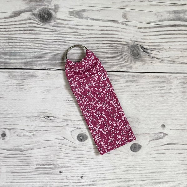 Lip balm cotton fabric keyring. Ditsy pink