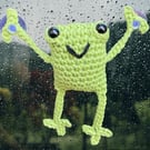 Crochet frog with suction cups. Car buddy. Window hanging frog. Smiling frog.