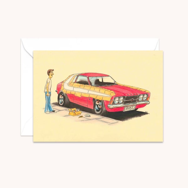 Seventies Car Greetings Card: Hand Drawn Pencil Illustration (307)
