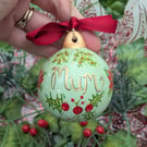 Green Holly Berry and poinsettia hand-painted personalised bauble 