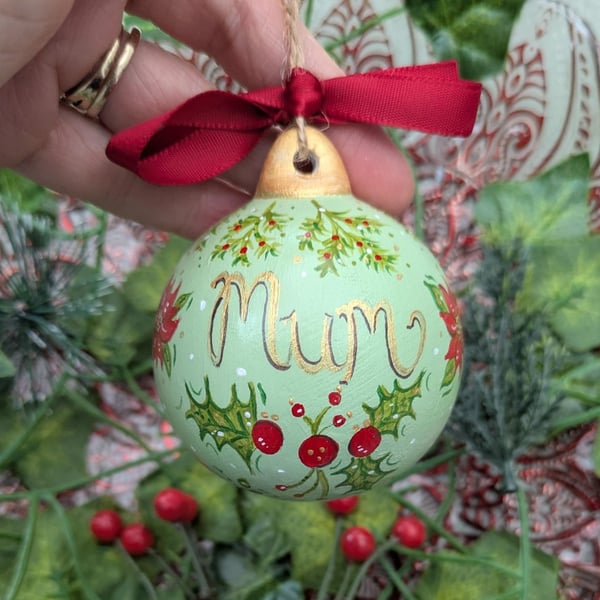 Green Holly Berry and poinsettia hand-painted personalised bauble 