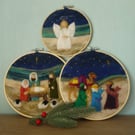 Set of 3 Nativity Needle Felted Hoop Christmas Decorations