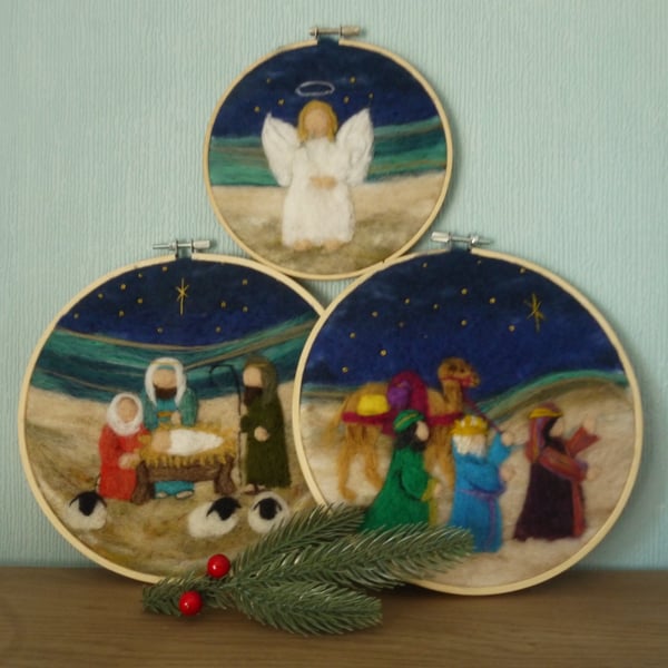 Set of 3 Nativity Needle Felted Hoop Christmas Decorations
