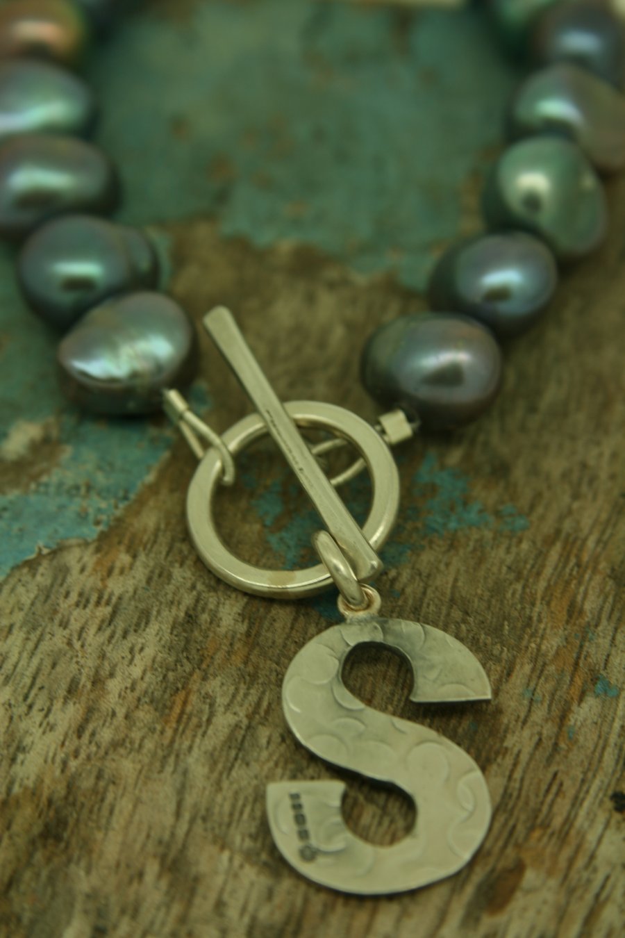 Grey Pearl bracelet with letter S charm