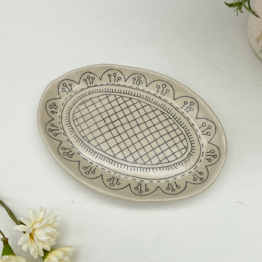 Monochrome Trinket Dish for Jewellery Abstract Flower Pattern - Handmade Pottery