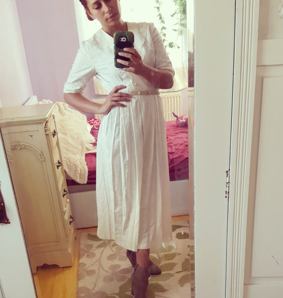 Beautiful linen mix cream ivory vintage Laura Ashley dress size 10