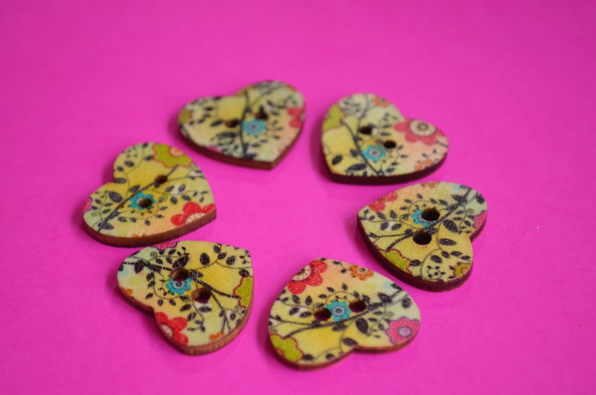 Wooden Heart Buttons Floral Green Blue Pink Black 6pk 25x22mm (H8)