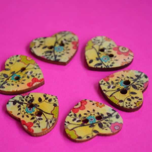 Wooden Heart Buttons Floral Green Blue Pink Black 6pk 25x22mm (H8)