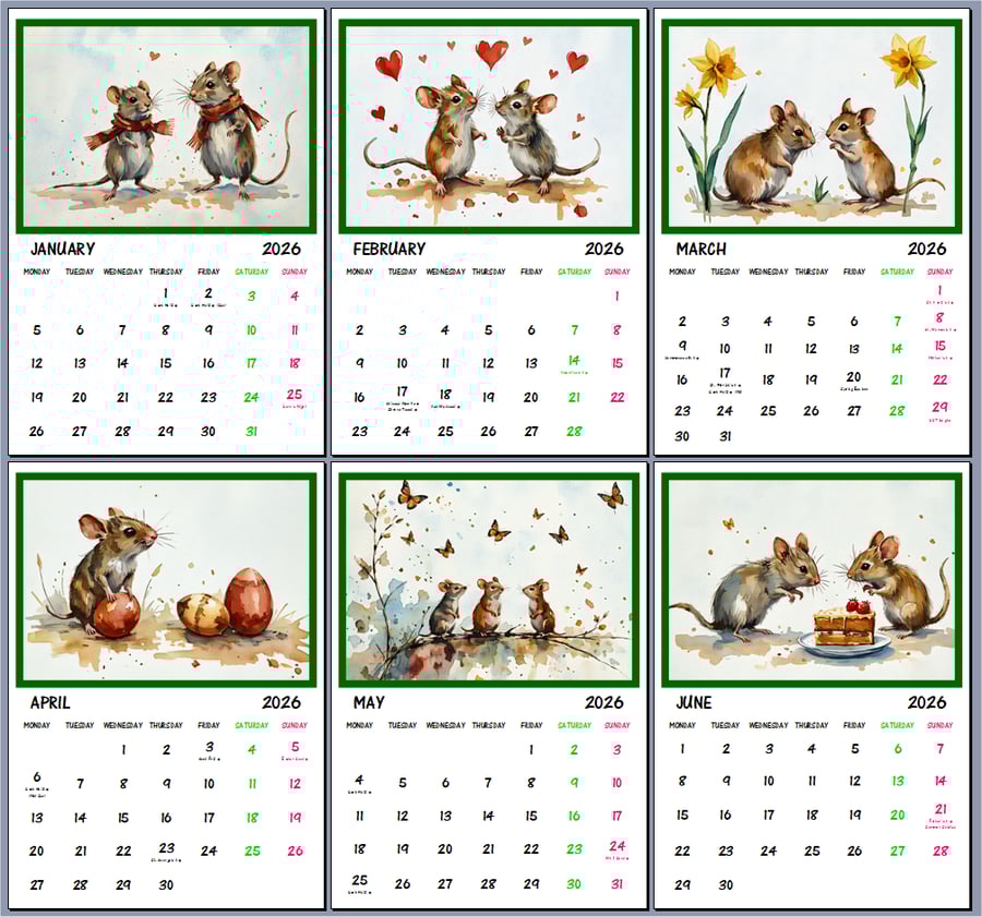 2026 Mice Hanging Wall Calendar Each month A4 Size 