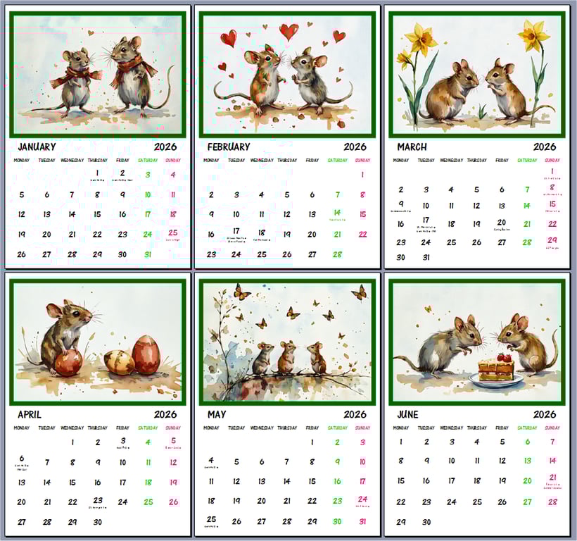2026 Mice Hanging Wall Calendar Each month A4 Size 