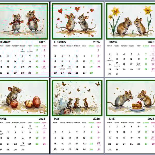 2026 Mice Hanging Wall Calendar Each month A4 Size 