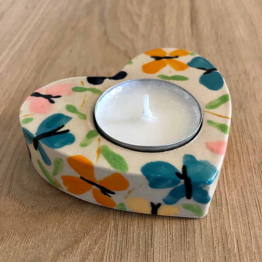 BUTTERFLY STONEWARE CERAMIC HEART SHAPED TEALIGHT HOLDER