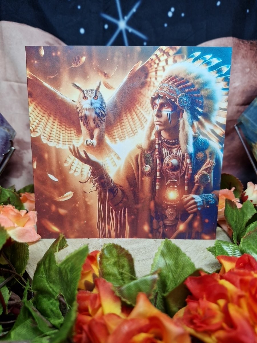 Native Indian Warrior Chief With Spirit Animal Owl Greetings Card 
