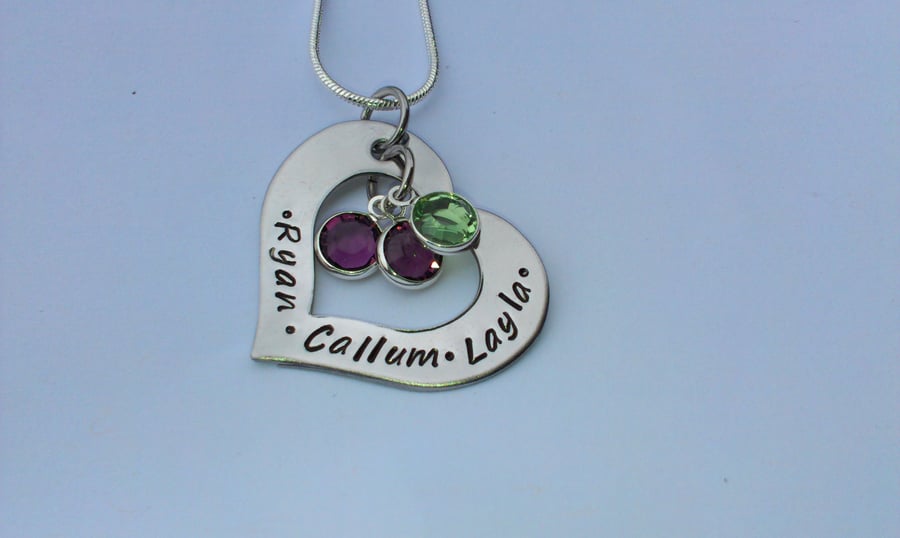 Hand Stamped personalised heart washer necklace with birthstones