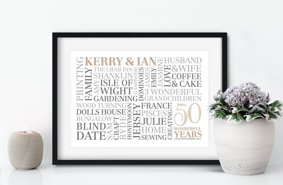 Personalised Golden Anniversary Word Art - 50 Years - AN501