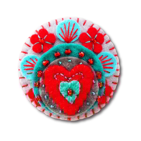 Heart to Heart - Handmade Mini Felt Brooch - grey - Made to order