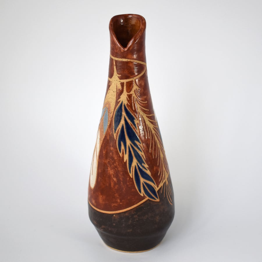 19-209 Stoneware pottery hand thrown bottle vase with feathers (Free UK postage)