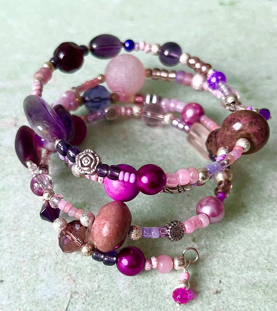 Purple Glass Bead Memory Wire Bracelet .233