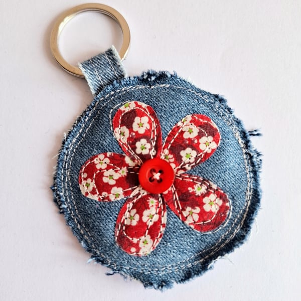 Denim flower keyring - red