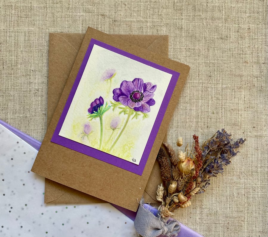 Blank card, anemone flowers, hand painted original artwork, postage included.