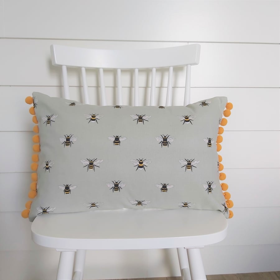 Sophie Allport Bees  Cushion with Mustard Pom poms