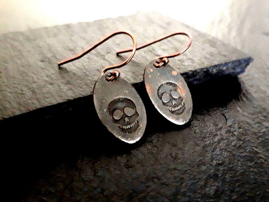 Black skull silver earrings, oxidized gothic Halloween, patina