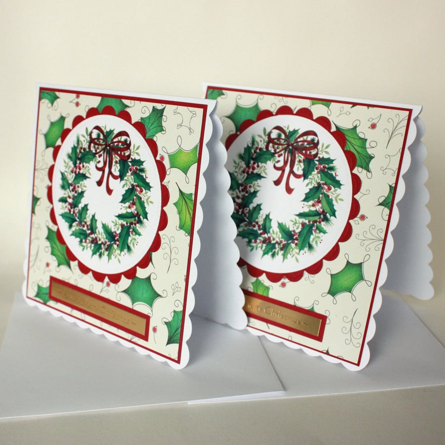 Handmade pack of 2 holly wreath Christmas cards