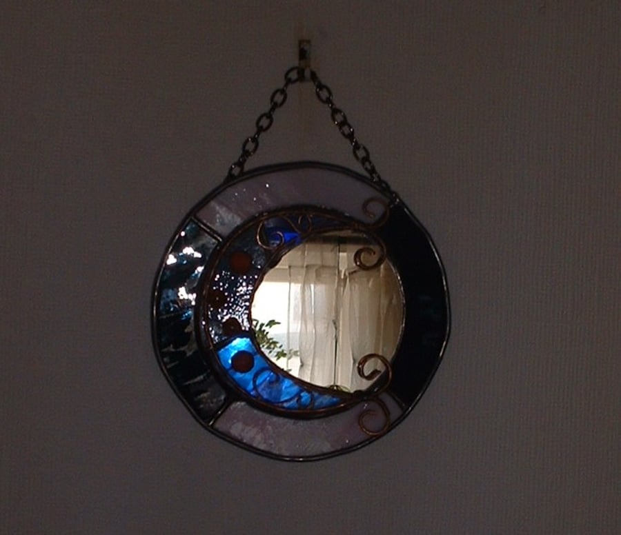 Blue Moon Stained Glass & Copper Decorative Mirror