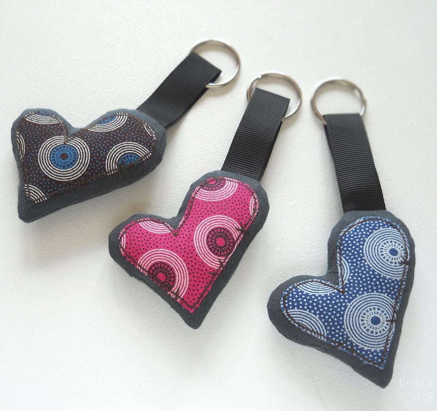 applique embroidered heart keyring key fob hanging decoration PINK BLACK WHITE