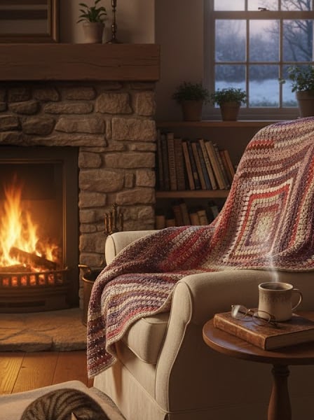 Vintage Crochet Granny Square Blanket Throw - Handmade Boho Berry Plum