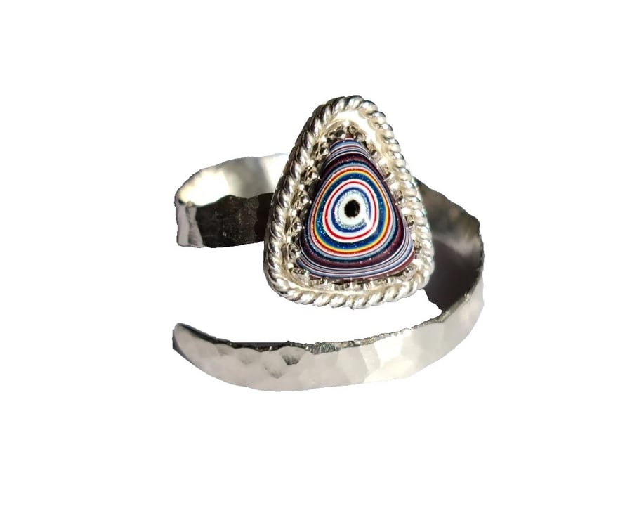 Fordite Adjustable Ring Sterling Silver Jewellery Gift Hammered Band Stacker