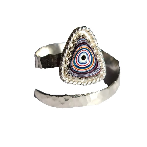 Fordite Adjustable Ring Sterling Silver Jewellery Gift Hammered Band Stacker