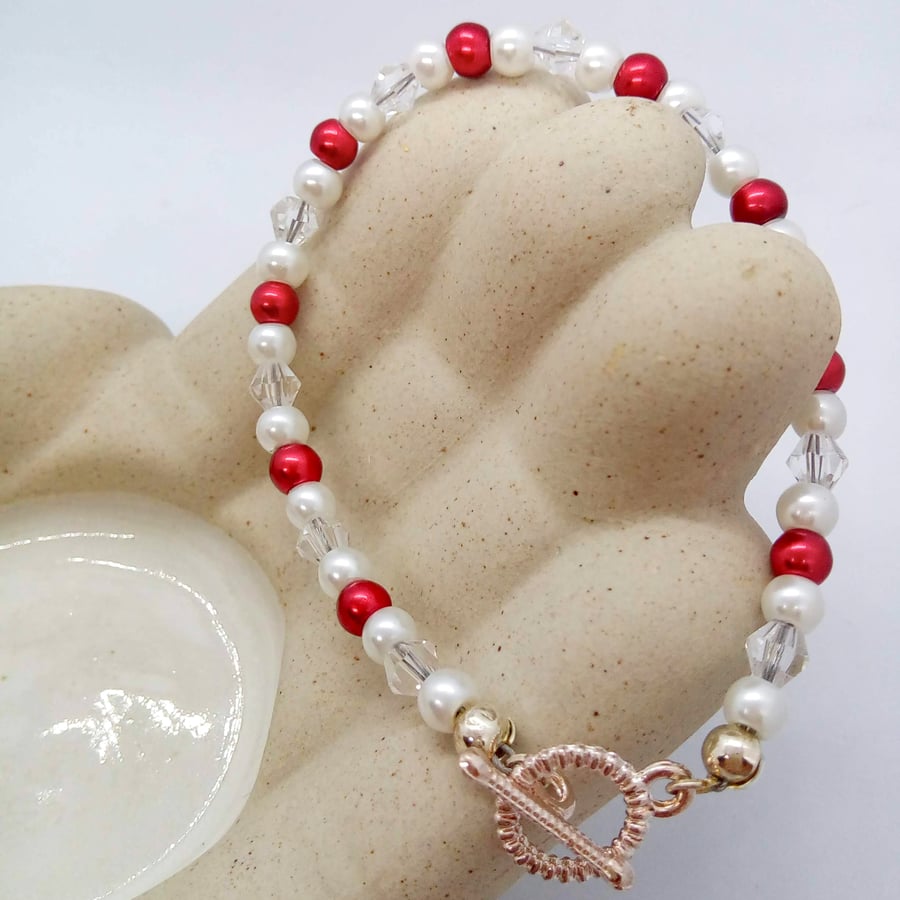 Dark Red & White Pearl & Crystal Bicone Bracelet, Pearl and Crystal Bracelet