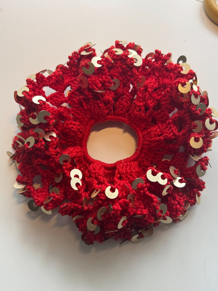 Red scrunchie with golden sequins