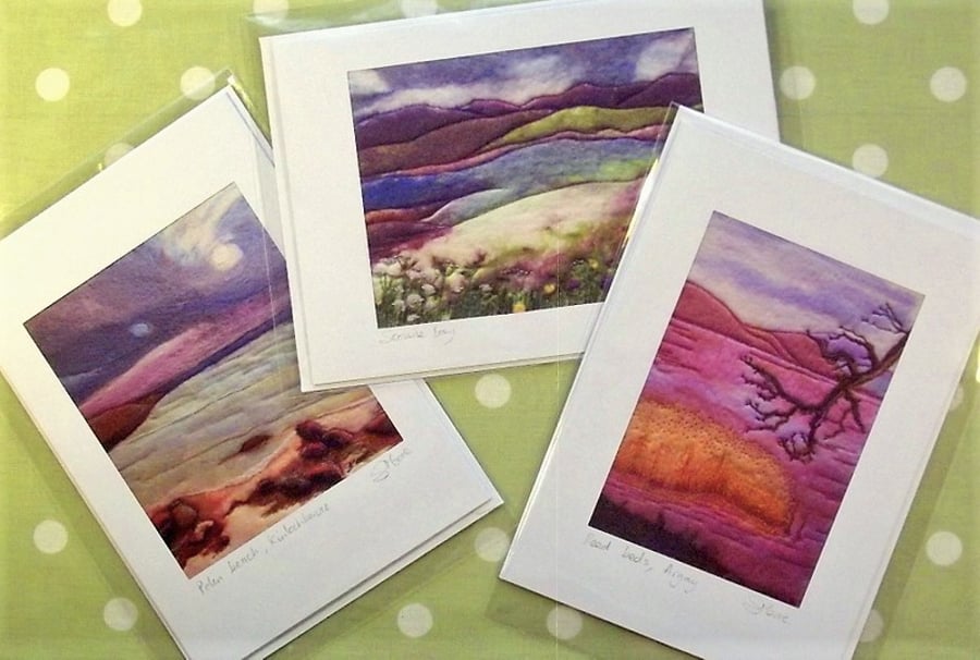 Set of 3 handmade greetings card. Scottish Highlands, Sea, lochs, mountains