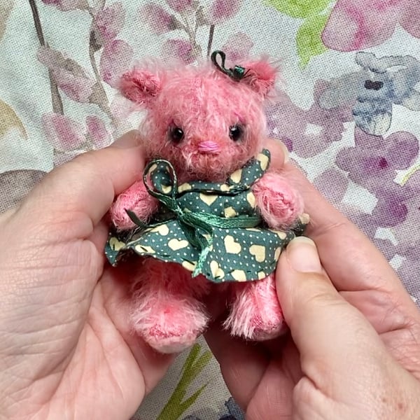 Marylin, miniature pink mohair bear, hand sewn collectible bear 