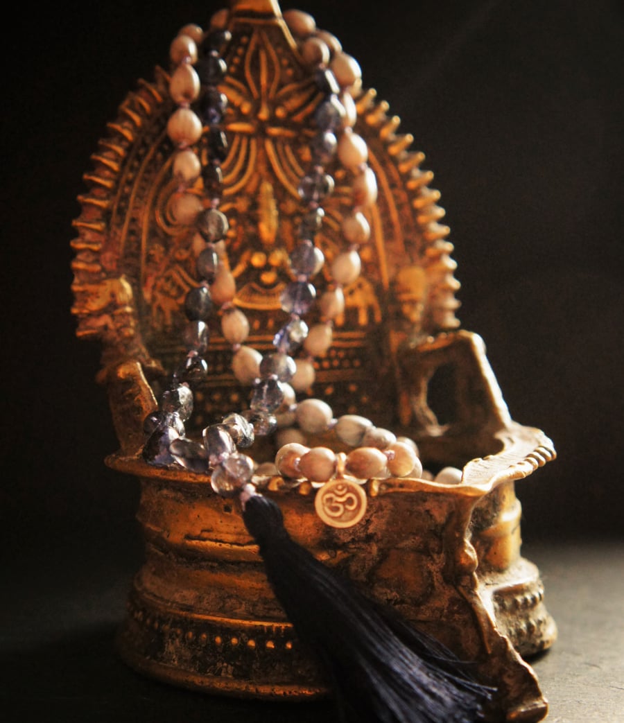 108 Third Eye Chakra Mala,Iolite,Silver Charm and vaijayanti Seed Yoga Necklace