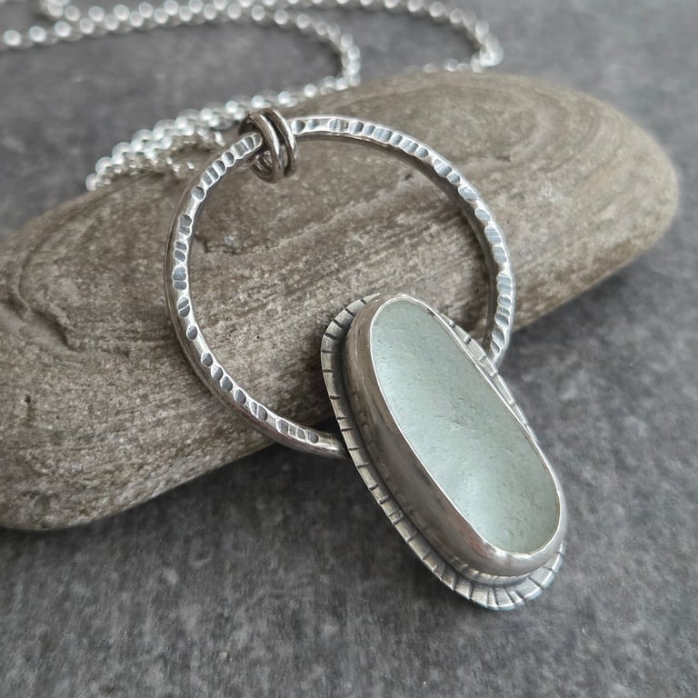 White seaglass pendant, Oval glass on oxidised silver hoop necklace