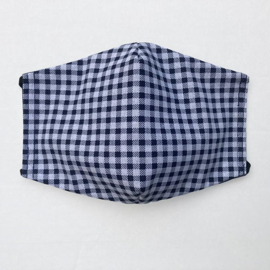 Navy Gingham Face Mask. Triple layered. 100 % Cotton Fabric.