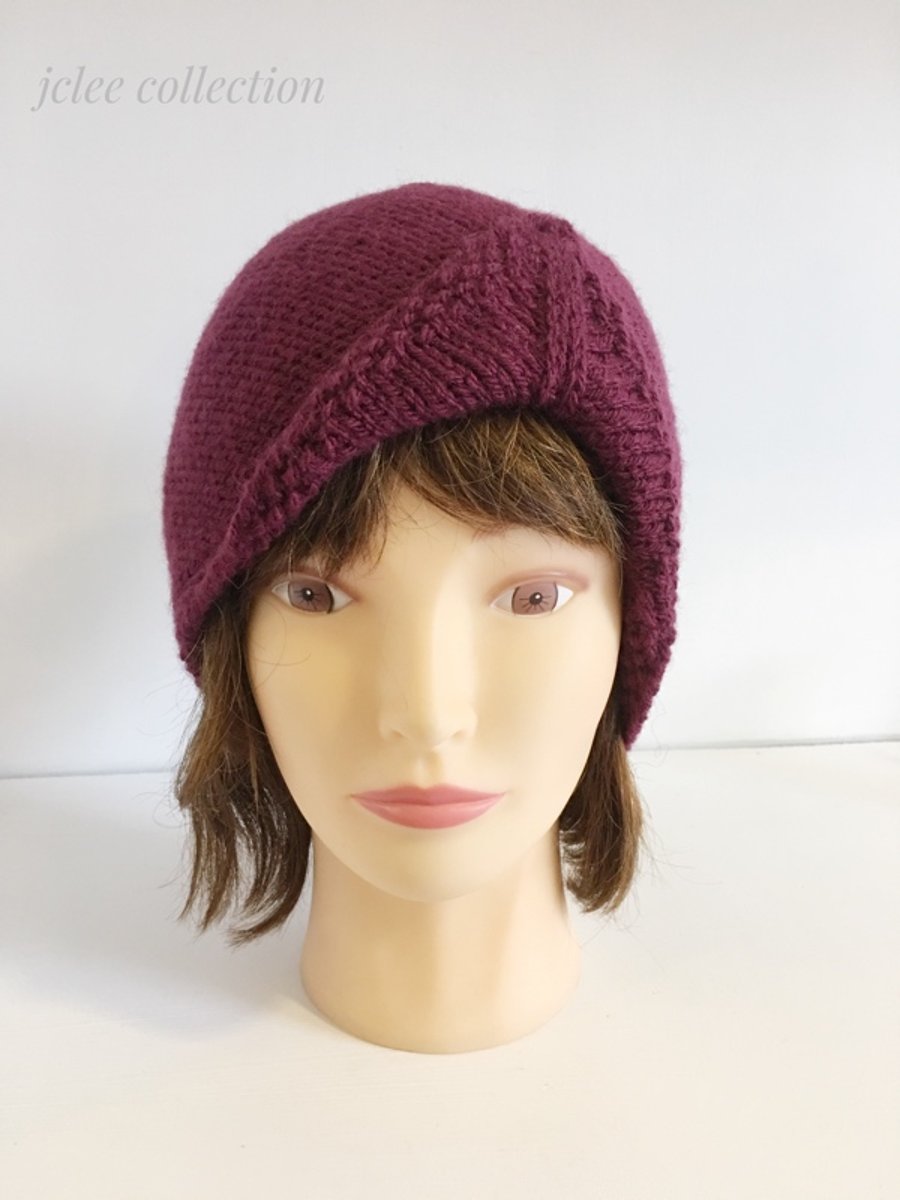 Burgundy Dark Red Turban 1940s Style Hat Hand knitted, Winter Stylish Hat